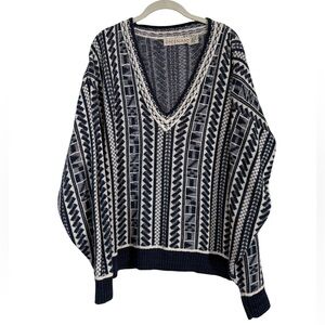 Vintage Crossings Fine Line Geometric Cotton V-Neck Sweater Size Large
